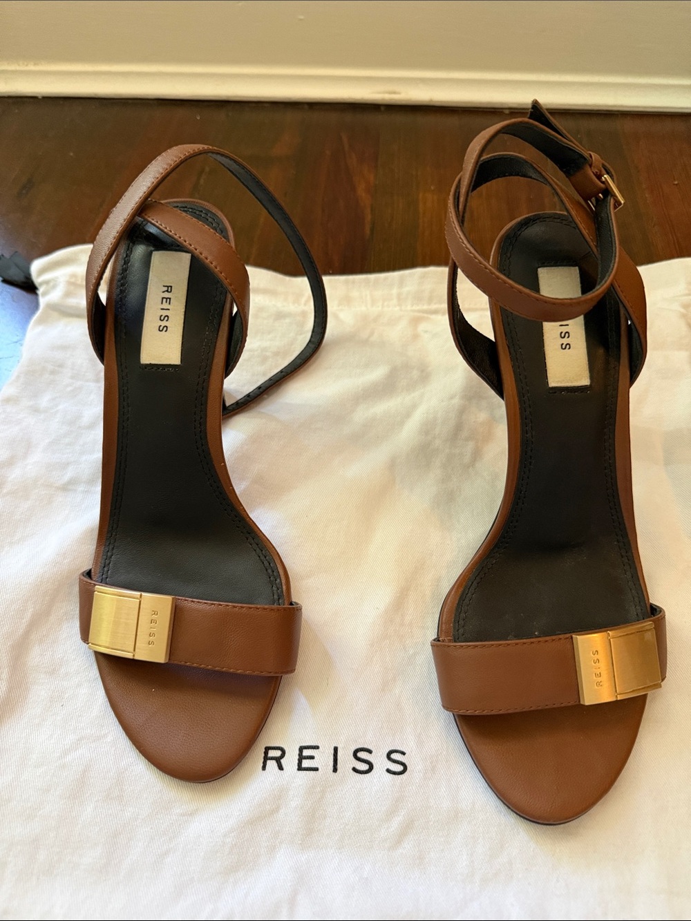 Reiss Brown Leather Ankle-Strap Heels with Gold Accent 38(7.5)